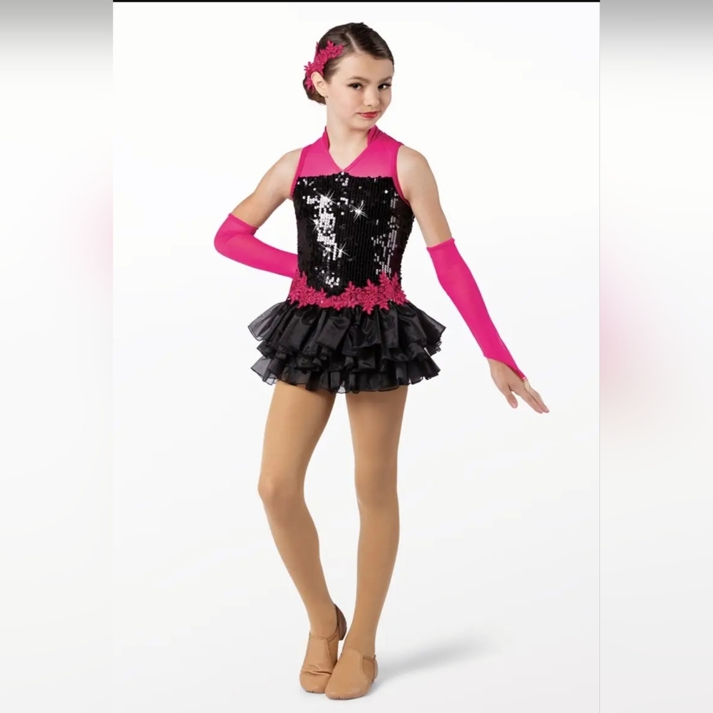 Girls' Hot Pink and Black Sequin Dance Costume